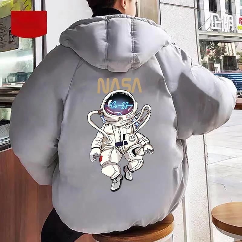 Мужская пуховая куртка с капюшоном, короткая зимняя толстая теплая хлопковая куртка, мужской повседневный топ с принтом космонавта, универсальные пальто на молнии, куртка-хлеб