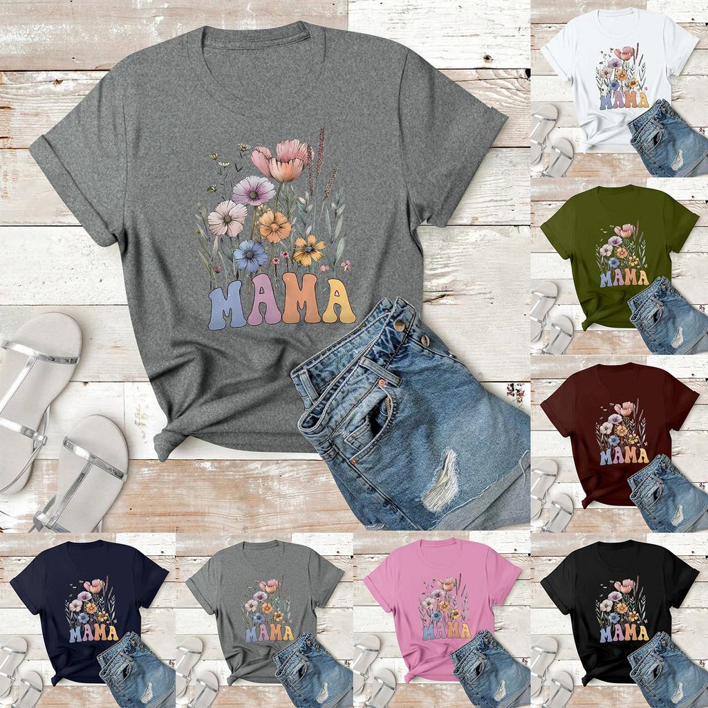 Women's Casual Printed T-Shirt Round Neck Pullover Short Sleeve Top