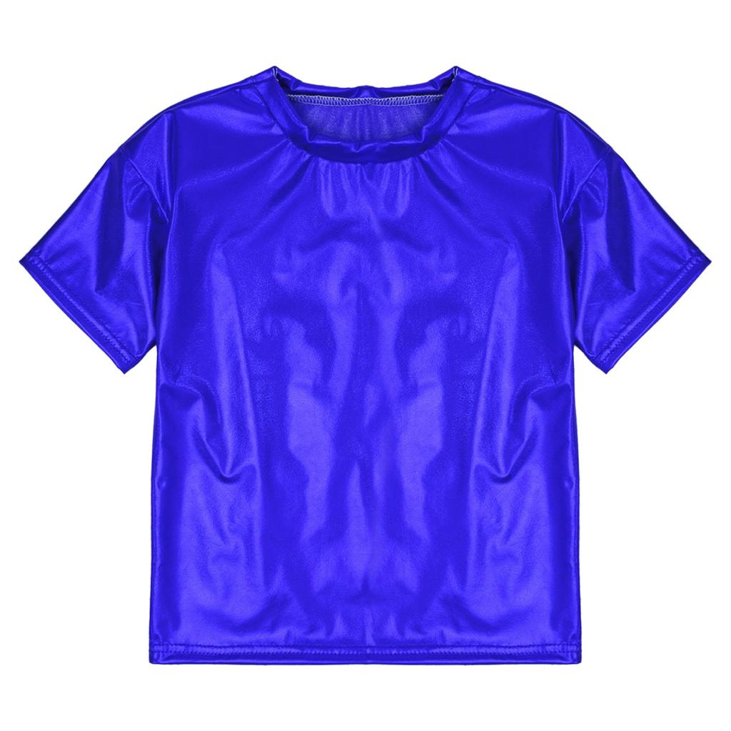 Детские блестящие футболки металлизированного цвета с короткими рукавами для мальчиков и девочек, топы для танцев, вечерние блестящие наряды