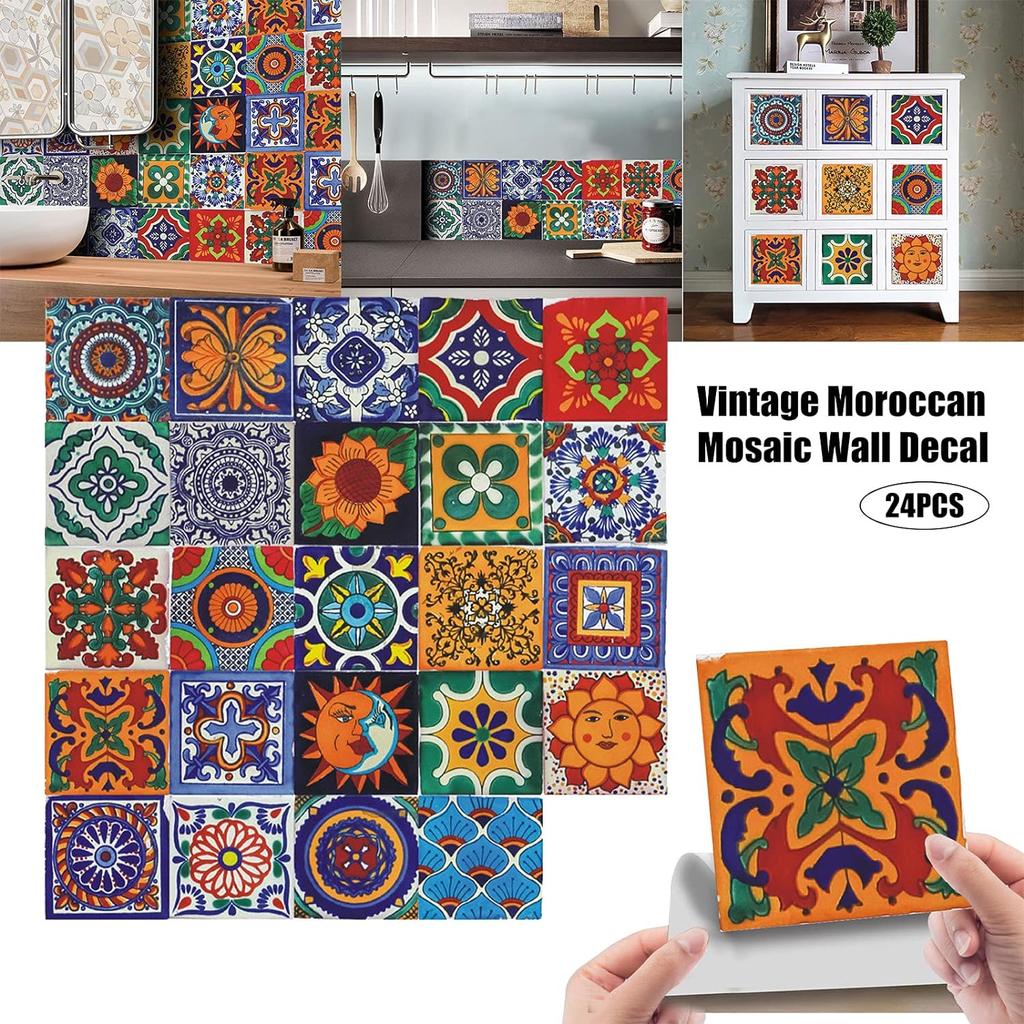 Moroccan Tile Stickers,24 Pcs 15 * 15cm Vintage Self Adhesive Vinyl Tile Decals Wall DIY Tile Stickers Home Decoration for Kitchen Living Bedroom