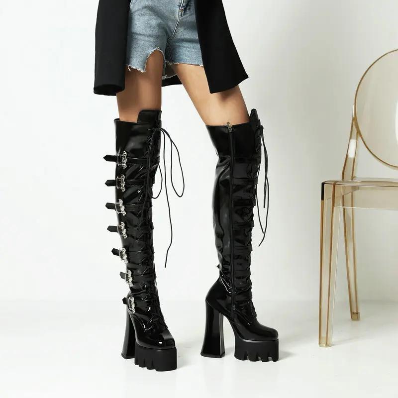 Модные лаковые кожаные женские ботинки женские ботинки толстый каблук ультравысокий каблук маффин панк ПАНК шнуровка спереди высокие ботинки