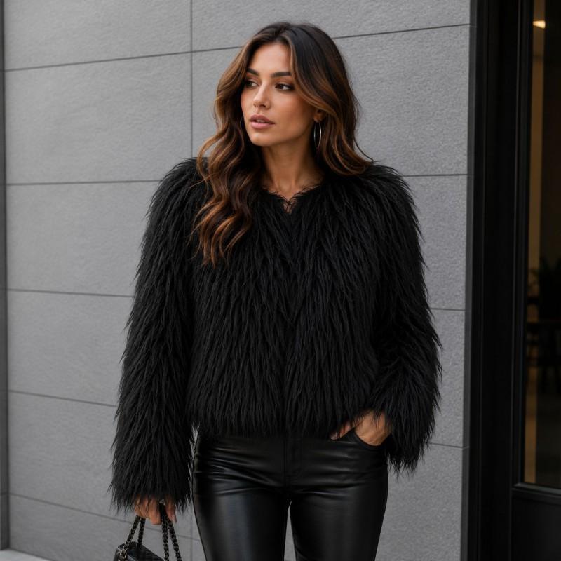 Womens Winter Faux Fur Jacket Loose Short Round Neck Long Sleeve Coat Multiple Colors