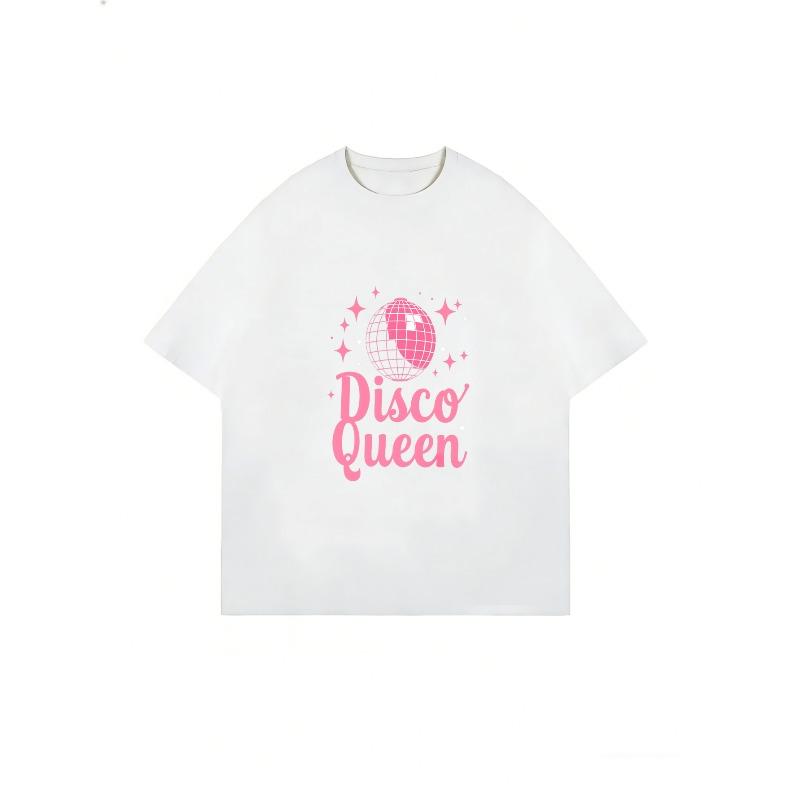 White T Shirt Disco Queen Pink Disco Ball Print Casual Summer Wear