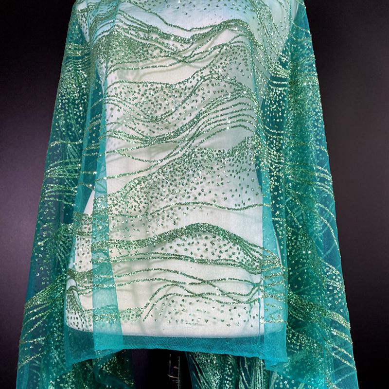 Ткань кружево с пайетками и блестками, Железное бронзирование, Волнистый узор, Полиэстер, Свадебная, Вечерняя ткань для платья, Текстиль для DIY