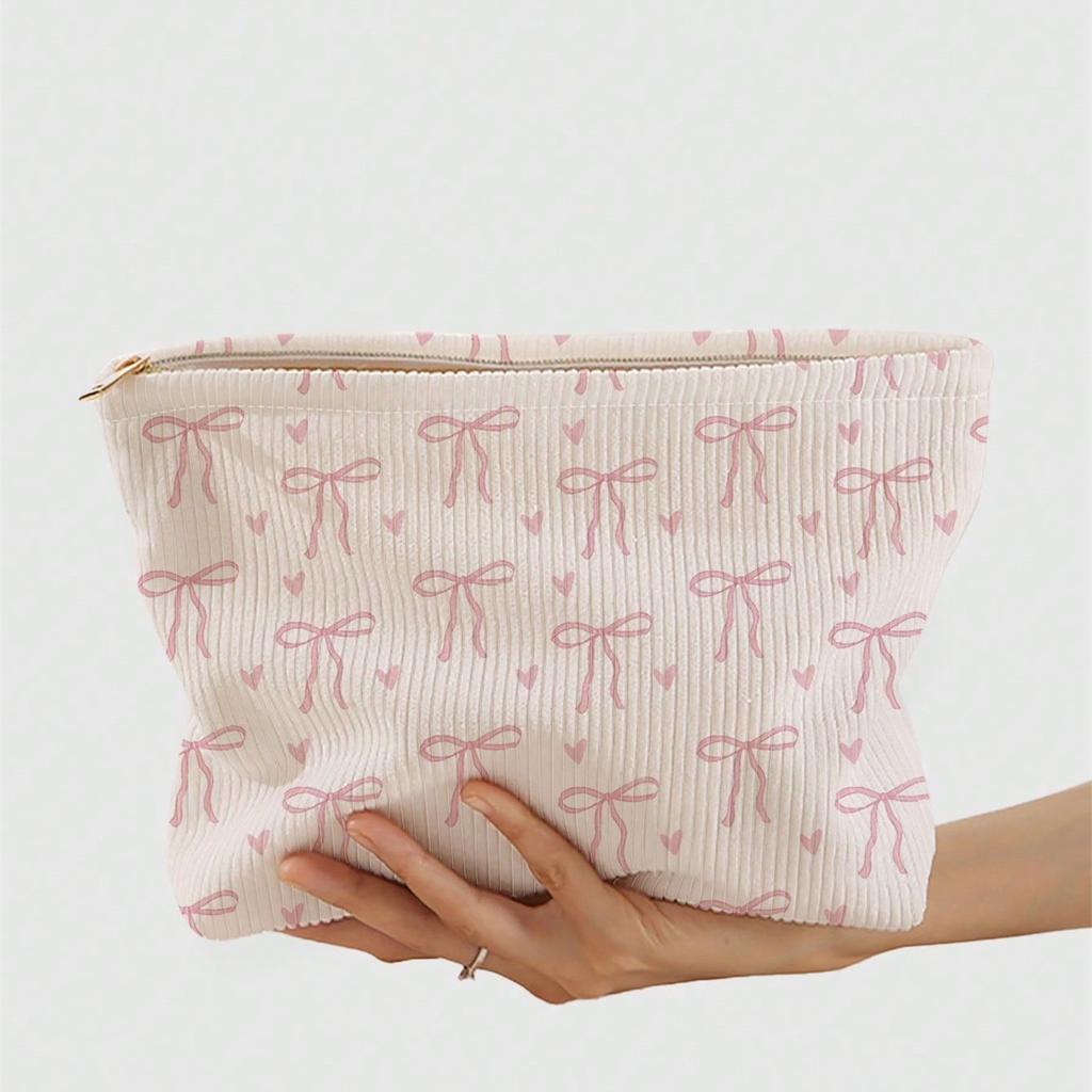 Pink Bowknot Cosmetic Bag Corduroy Zipper Makeup Organizer Lightweight Portable Cosmetic Storage Bag for Women Travel