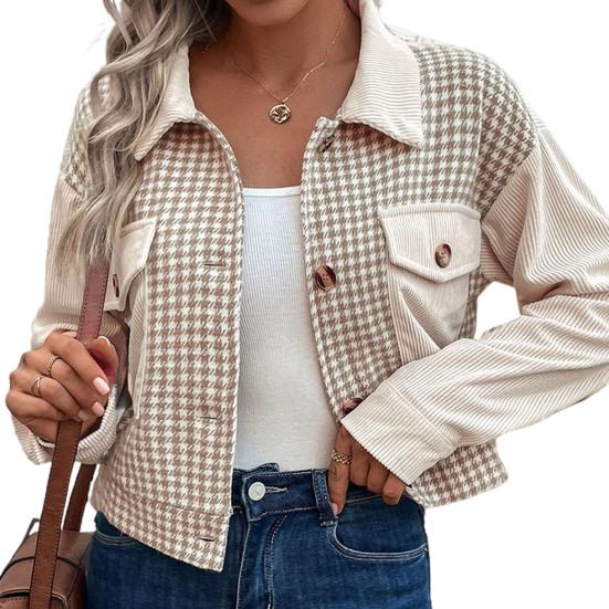 Fall Spring Lady Coat Plaid Print Cardigan Button-down Long Sleeves Chest Pockets Turn-down
