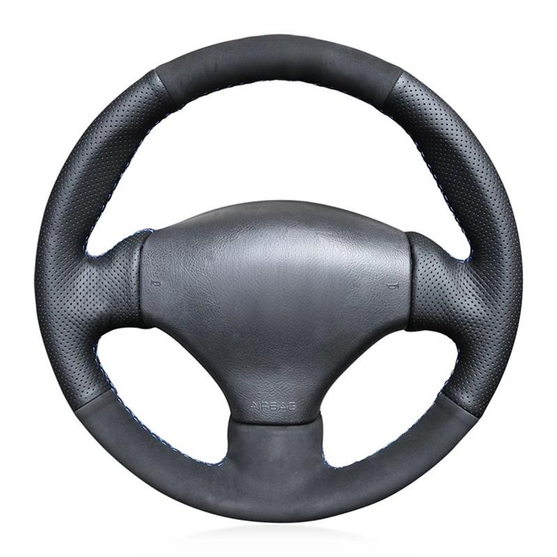DIY Hand-Stitched Black Genuine Leather Suede Car Steering Wheel Cover For Peugeot 206 1998-2005 206 SW 2003-2005 206