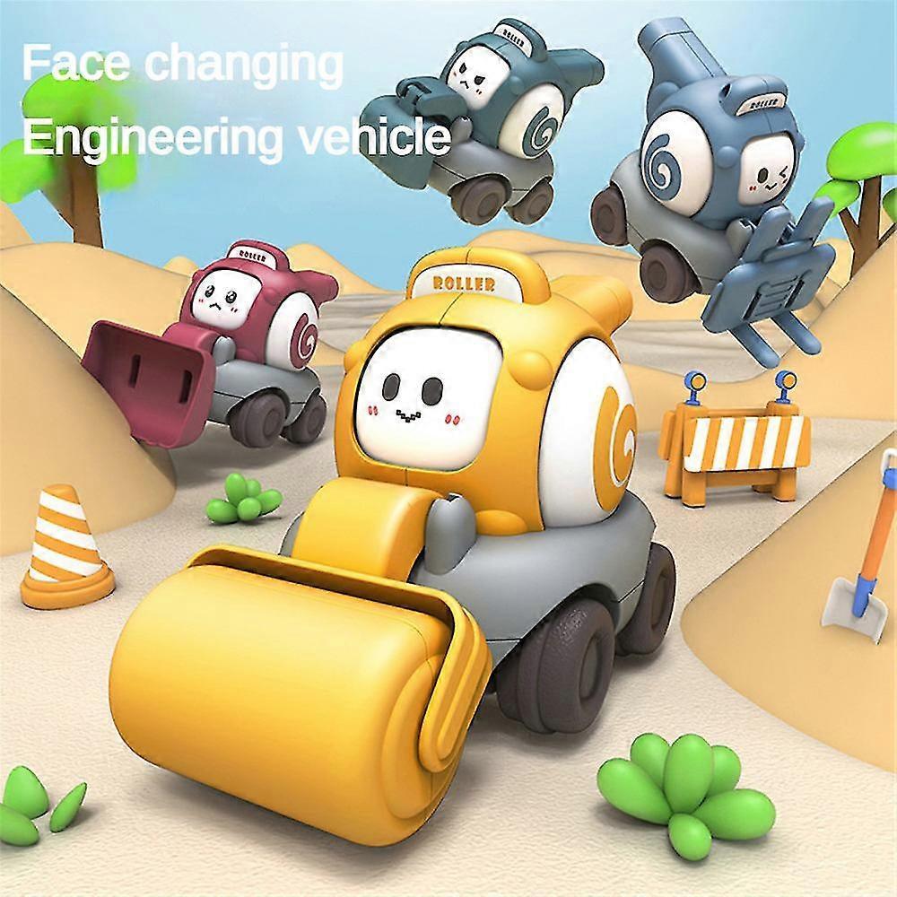 Childrens Cartoon Toy Car Face Changing Whistle Inertia Back Pull Engineering Car Beach Home Fun Car Play Toy for Kids Gifts - Ri