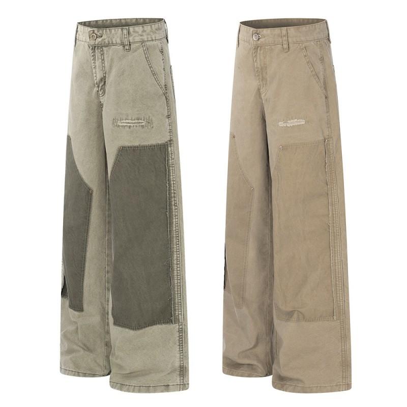 Mens Loose Straight Leg Cargo Pants Color Block Distressed Patched Ripped Streetwear Trousers
