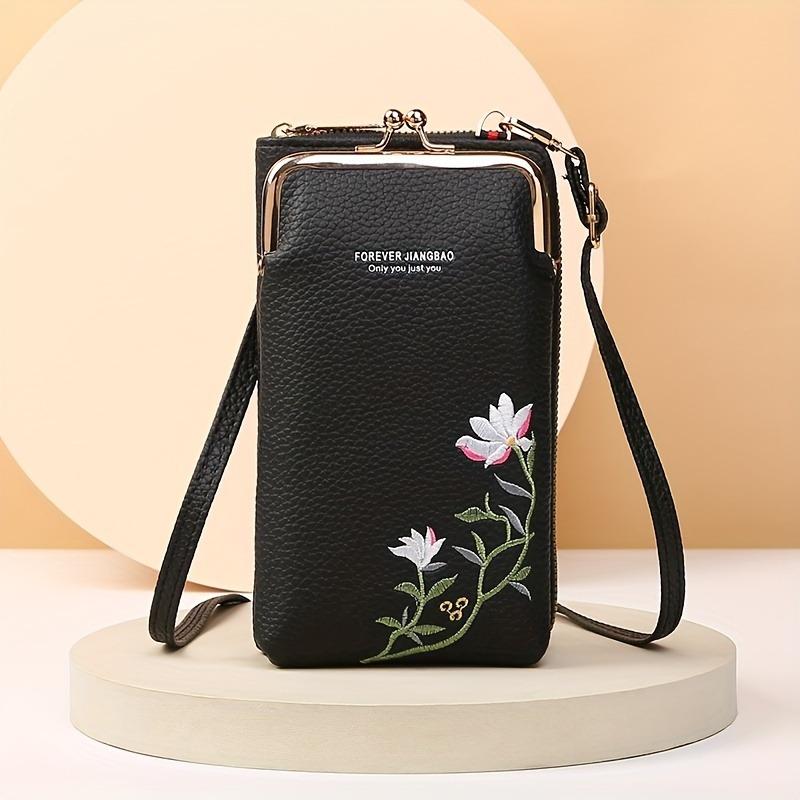 Floral Embroidered Cellphone Bag, Mini Fashion Crossbody Bag, Women's Casual Handbag, Card Holder & Purse Wallet