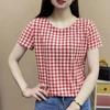 YYFS Женская мода повседневная летняя весна клетчатый принт с коротким рукавом и круглым вырезом блузки и рубашки