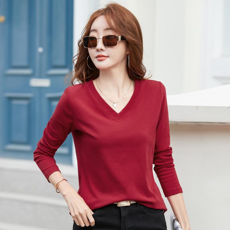Женская облегающая футболка с V-образным вырезом и длинным рукавом, однотонный топ для повседневных рубашек на весну и осень