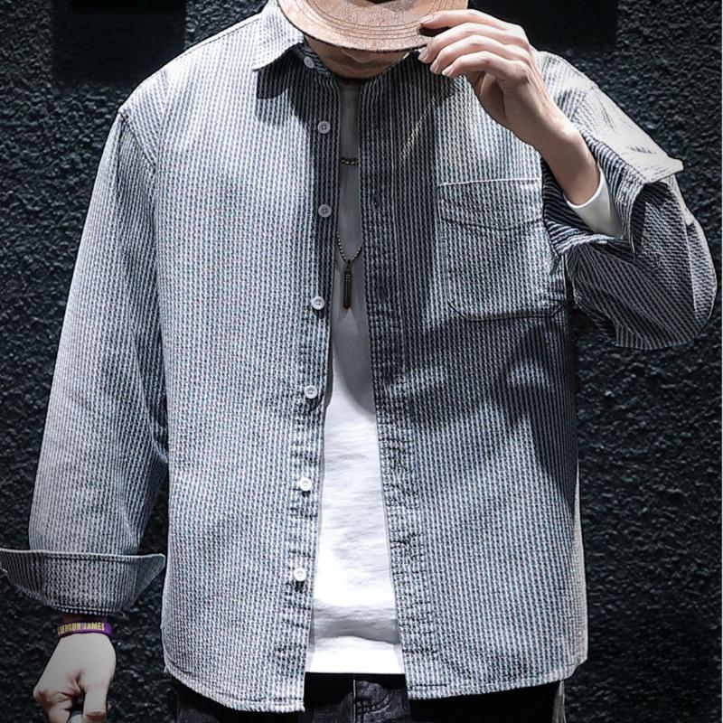 Мужская винтажная рубашка Turtlenker Trendy All-Match Loose Casual Striped Long Sleeves Denim Shirt
