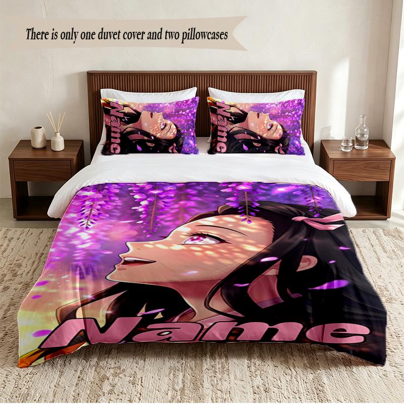 Nezuko Personalized Custom Name 3‑Piece Bedding Set Soft Duvet Cover Set For Bedroom Home Decor