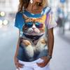 Women's T-shirt Fashion 3D Cat Print Short Sleeved T-shirt Casual V-neck Loose Fun Large Cat Pattern Women's Top