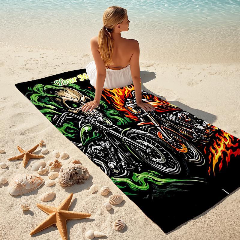 1PC Custom Name Skull Flames Motorcycle Art Beach Towel Highly Absorbent And Sand-Resistant Towel for Swimming, Pool, Yoga, And Travel Lightweight