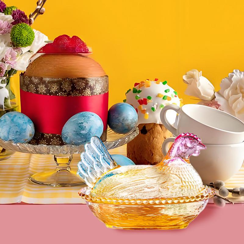 Стеклянная миска "Курица на гнезде" с крышкой - Ретро-форма курицы, фруктовница, тарелка для десертов и закусок для хранения конфет