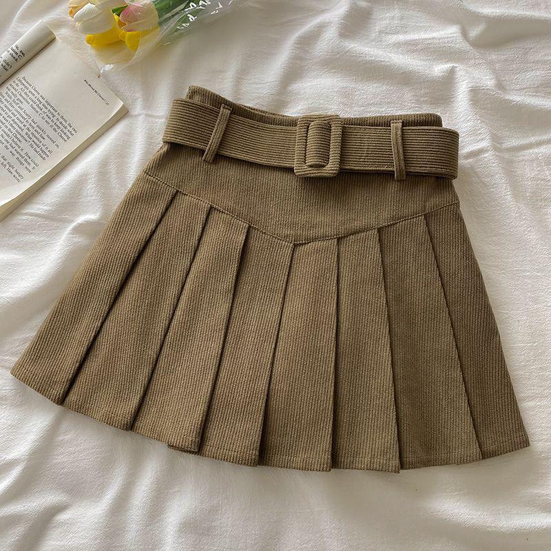 Women's Corduroy Pleated A-Line Skirt – High Waist, Slim Fit, College Style for Spring, Autumn, and Winter 2024
