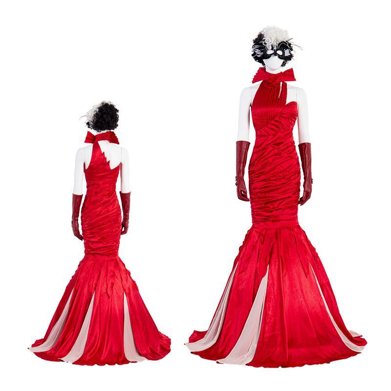 Изысканный костюм для косплея Круэллы Де Виль Куйла с элегантным платьем и аксессуарами