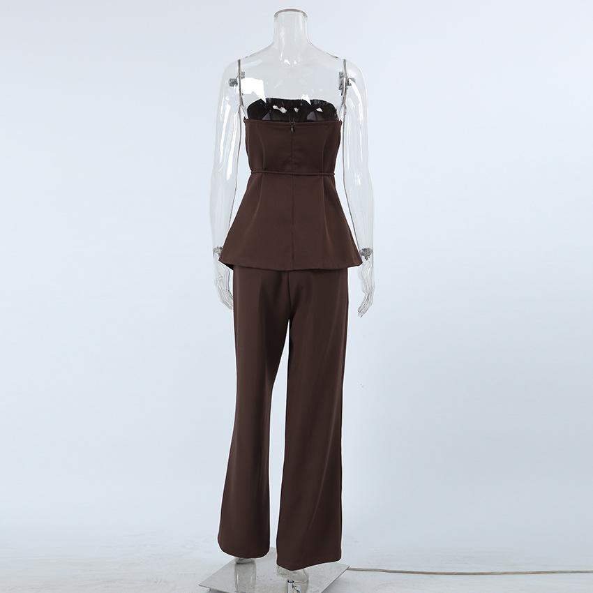 Spring and summer dark brown retro style tube top design feeling off-the-shoulder lace-up top trousers two-piece set European and American fashion