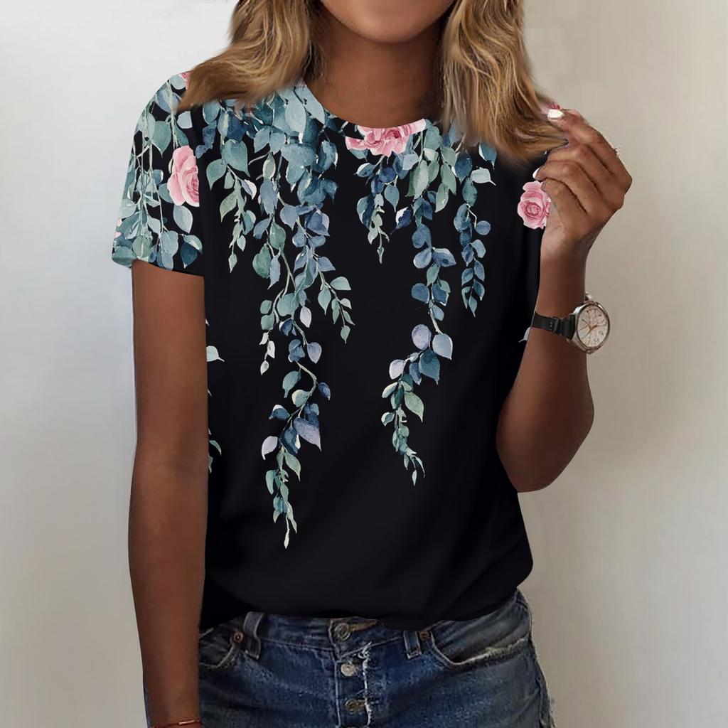Women's Fashion Casual Printed Round Neck Short Sleeved T-Shirt Top T-Shirt Top Top