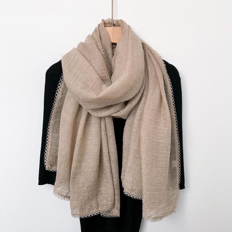 Spring New Lace Pleated Literary Yarn Thin Scarf, Women's Solid Color Cotton and Linen Silk Scarf, Neck Protection Scarf