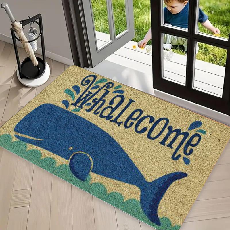 Ocean Whale Fish Welcome Print Coir Doormat, Non Slip Entrance Rug, Durable Washable Floor Mat for Front Door Porch Patio Decor