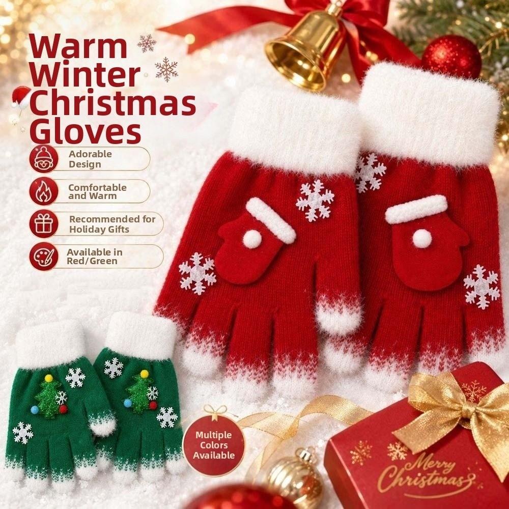 Red Green Winter Knit Mittens Plush Cuff Full Finger Gloves Christmas Gloves Daily Commute
