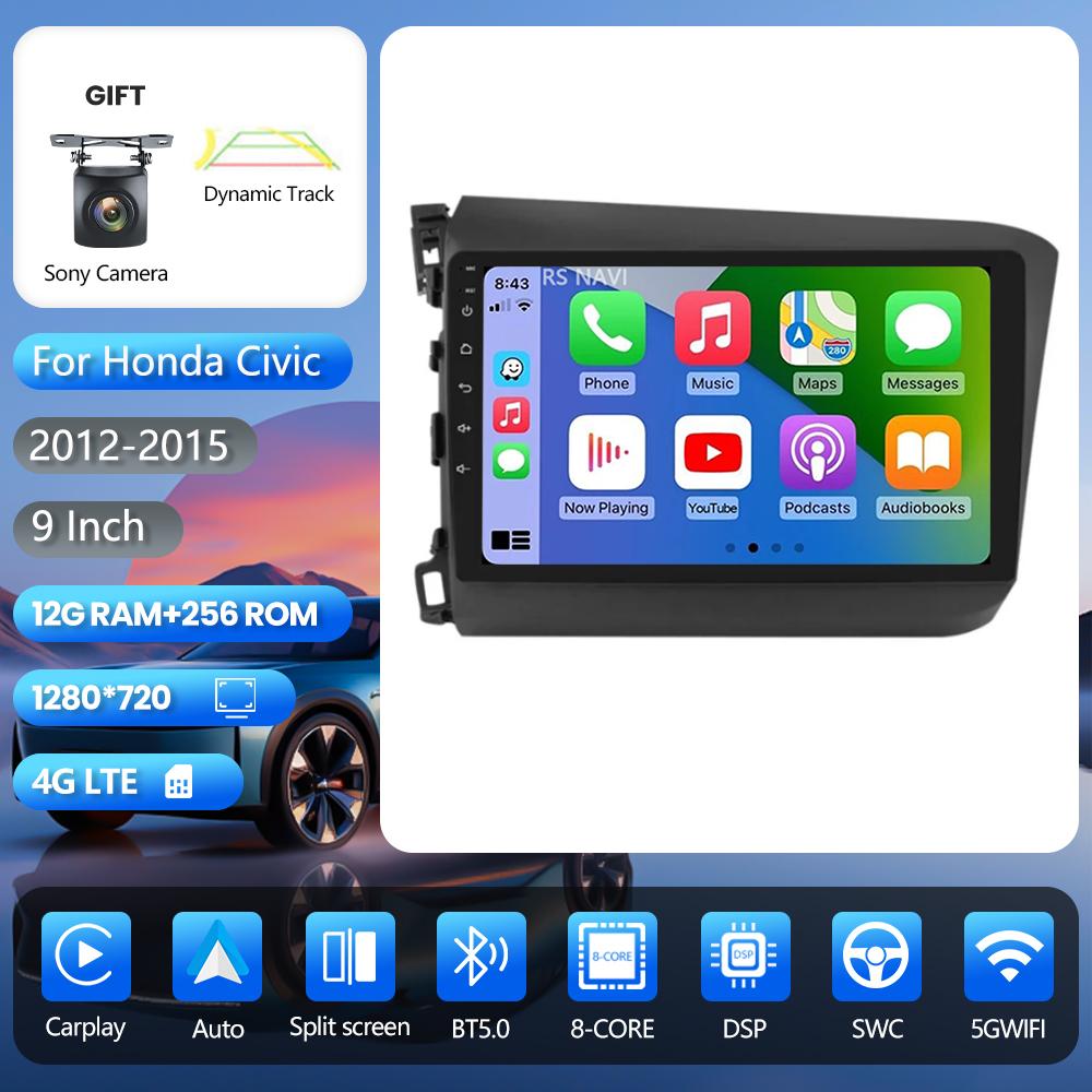 RSNAVI Android 16 pour Honda Civic 2012 2013 2014 2015 Carplay Auto Multimedia Autoradio Stéréo DSP commande par application au volant