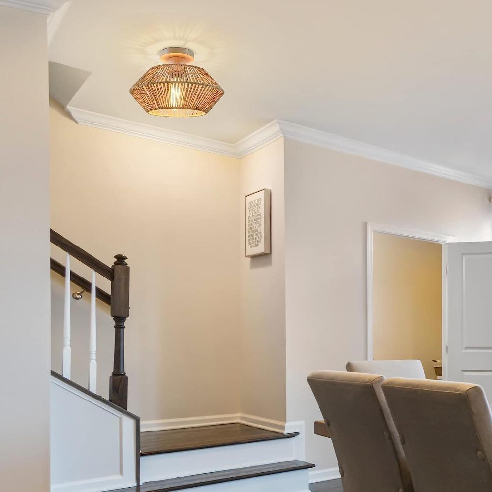 Led Rattan Ceiling Light Chinese Style Lampshade Hemp Rope Design Ceiling Light Fixture for Home Living Room Decorative Lighting