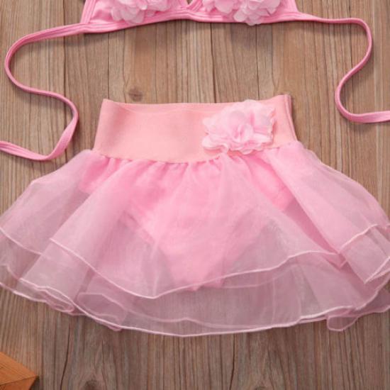 2Pcs Baby Summer Swimwear, Solid-Color Hanging-Neck Floral Top + Tutu Skirt