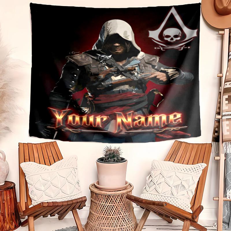 Personalized Name Assassin's Creed Tapestry, Wall Hanging Tapestry, Pattern Tapestry for Dorm Bedroom Living Room Wall Art Photography Backdrop