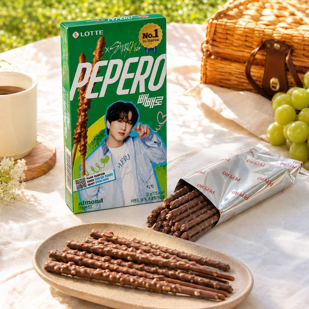 Lotte Pepero Миндально-шоколадное печенье-палочки Ограниченная серия для бой-групп 32 г Узоры отправляются случайным образом