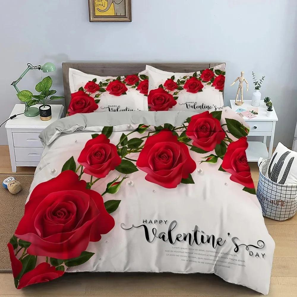 Valentine's Day Wedding Rose Flower Comfortable Duvet Cover Pillowcase Bedding Set Children Bedroom Decoration Home Textile