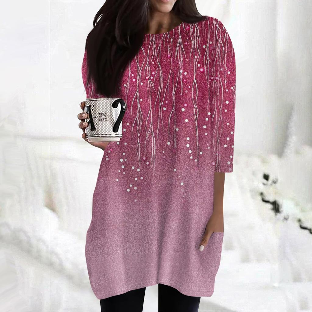 Женские повседневные рубашки с рукавами 3/4, модные туники с принтом, топы с карманами