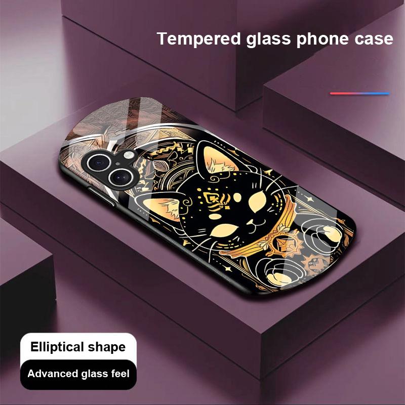 Черный Золотой Кот для Apple iPhone 16 11 13 15 14 Pro Max 12 Mini 7 8 Plus XR X XS Чехол для телефона из закаленного стекла эллиптической формы