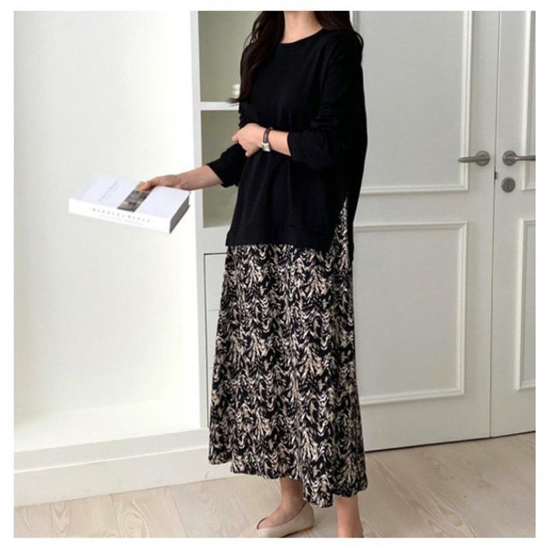 Весна и осень плюс размер футболка с длинным рукавом с принтом большое свободное платье с круглым вырезом длинное платье