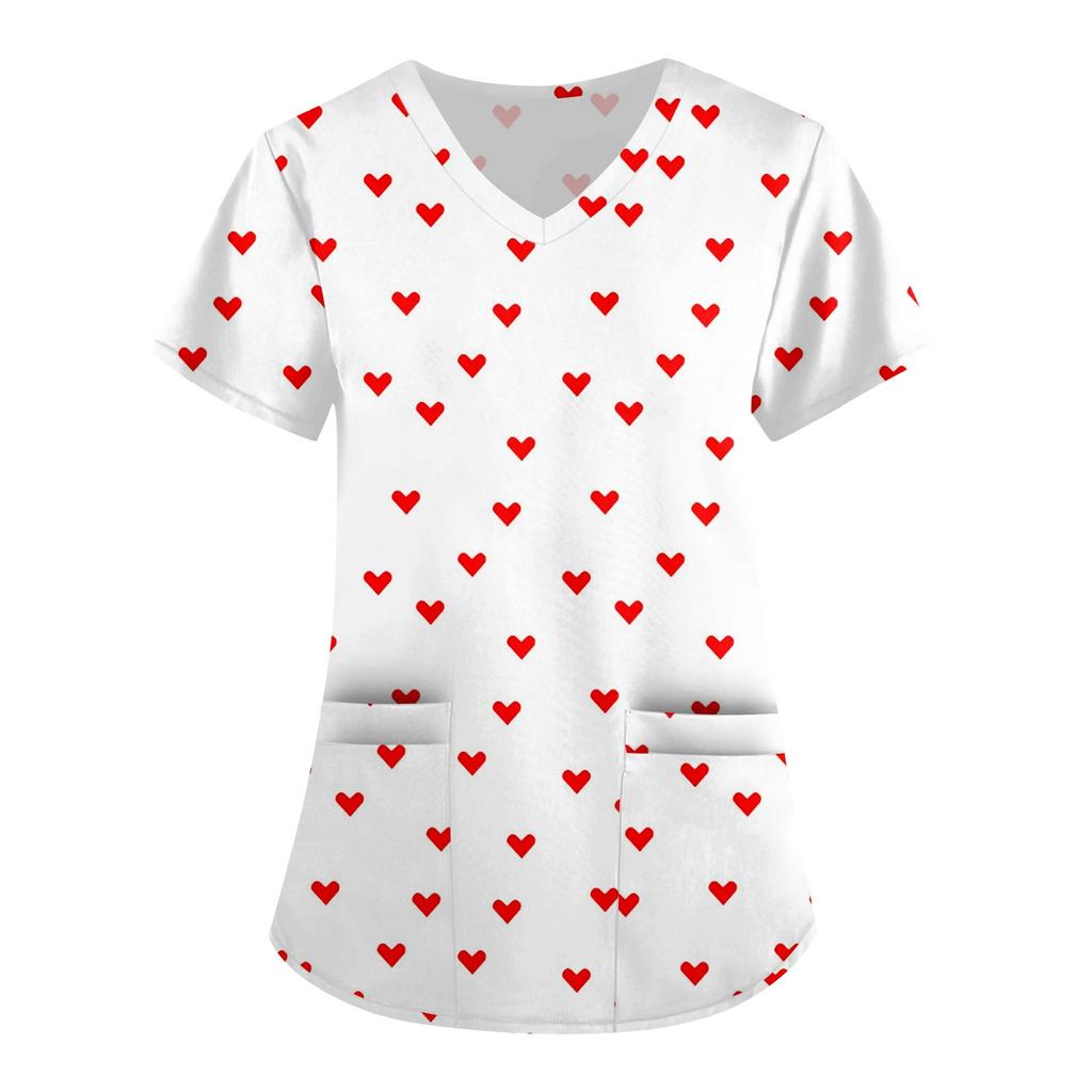 Женская симпатичная принтованная рабочая одежда с V-образным вырезом, двухслойными карманами, базовым коротким рукавом, пуловером ко Дню святого Валентина