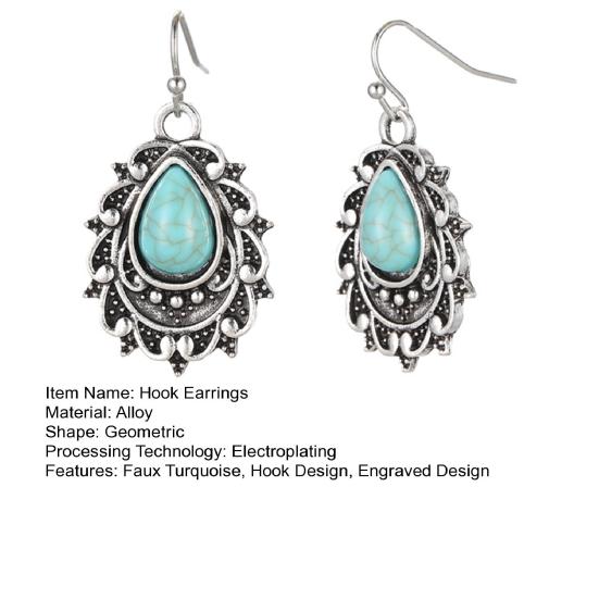 1 Pair Women Retro Hook Earrings Engraved Design Boho Faux Turquoise Dangle Earrings Vintage Ethnic Style Earrings Jewelry Gift