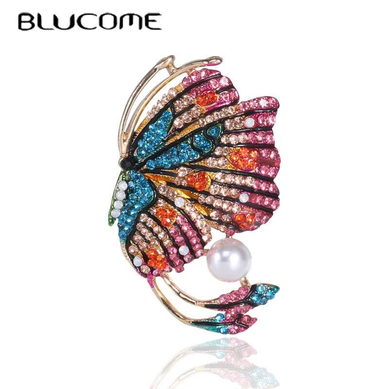 Blucome Retro Beautiful Rhinestone Butterfly Brooches for Women Elegant Insect Pin Enamel Jewelry Coat Accessories High Qaulity