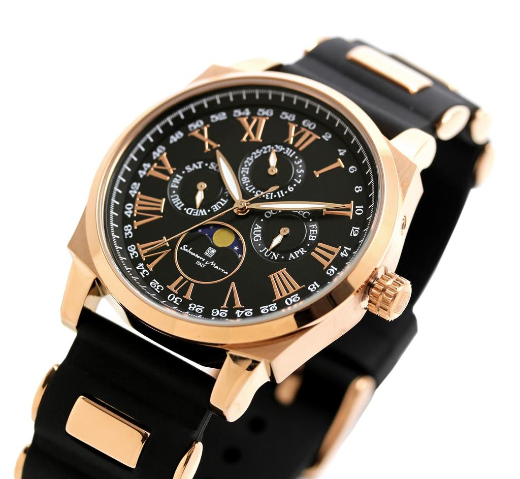 Watch Moon Phase Multi Calendar 5 ATM Water Resistant Business Formal Rubber Belt Limited Model Black Pink Gold [Salvatore Mara] Men's SM22105R-PGBK