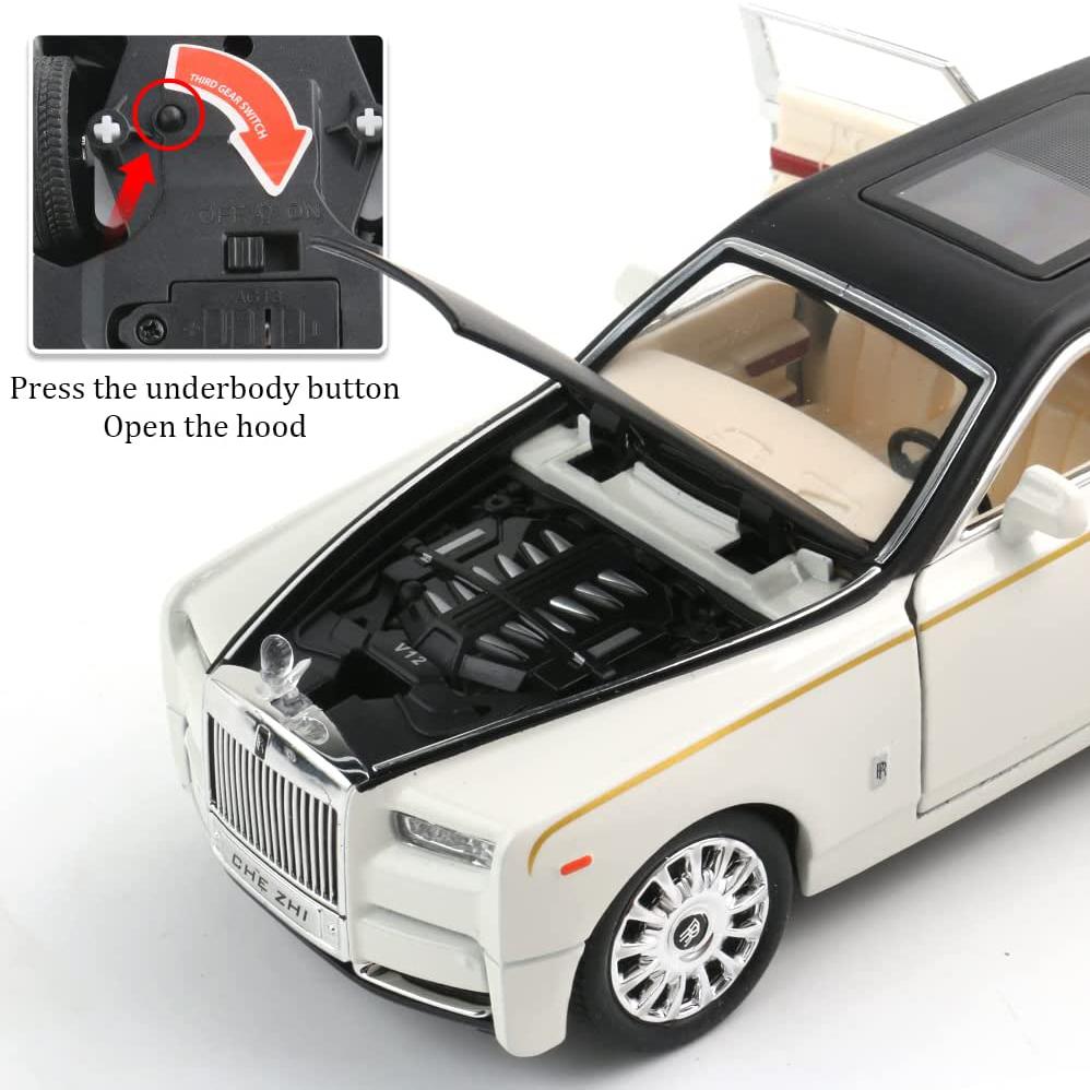 Модель автомобиля Phantom в масштабе 1/24, игрушка из цинкового сплава с откидной спинкой, литые игрушечные машинки со звуком и светом для детей, коллекция подарков для мальчиков и девочек