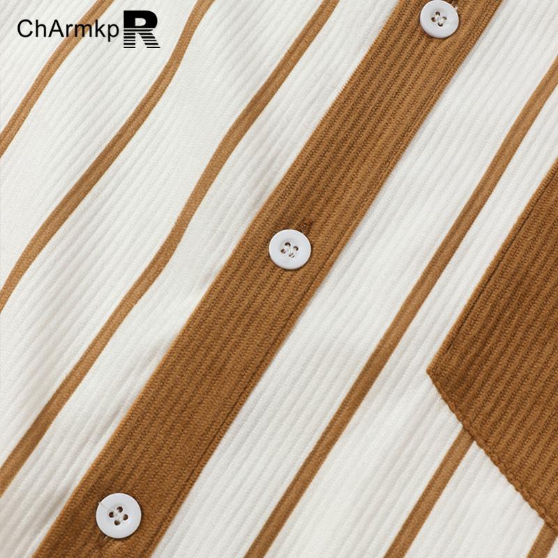 ChArmkpR Мужские летние вельветовые полосатые футболки с короткими рукавами и лацканами с карманом