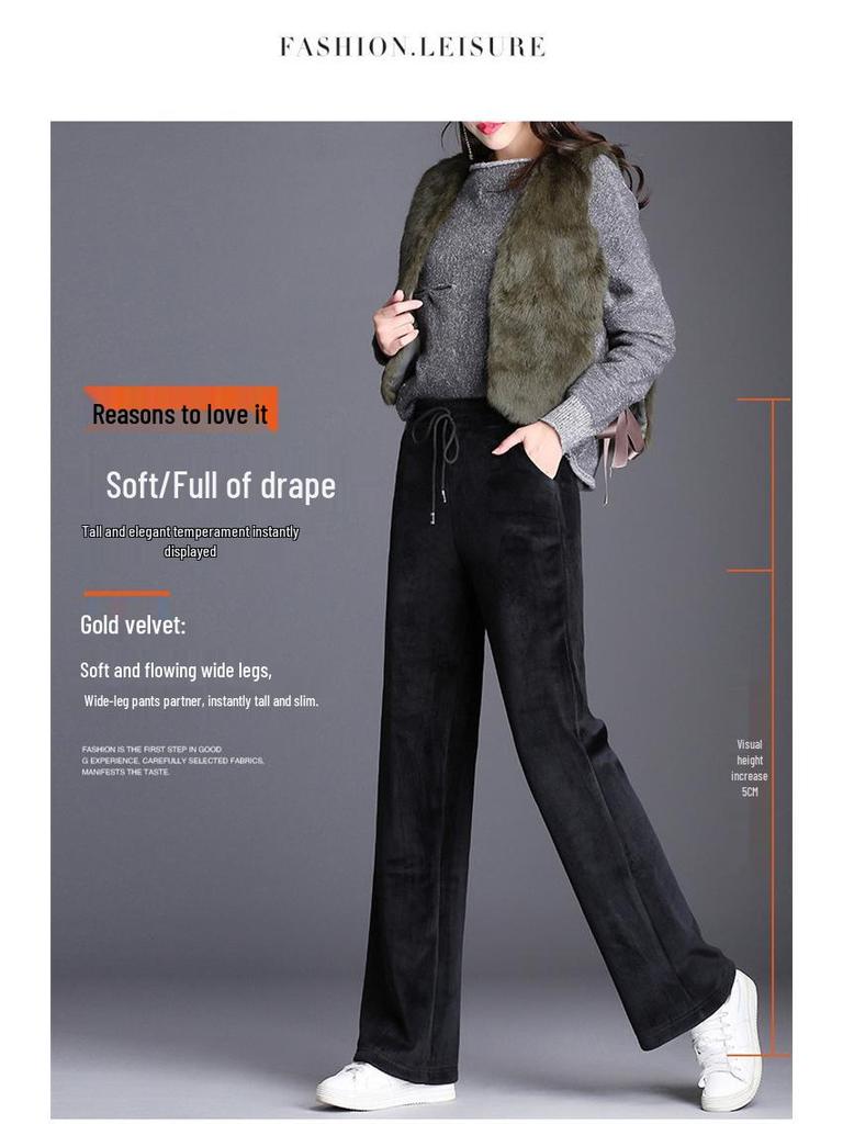 2023 Женские брюки больших размеров с высокой талией и широкими штанинами из золотого бархата на флисовой подкладке - Коллекция Осень/Зима