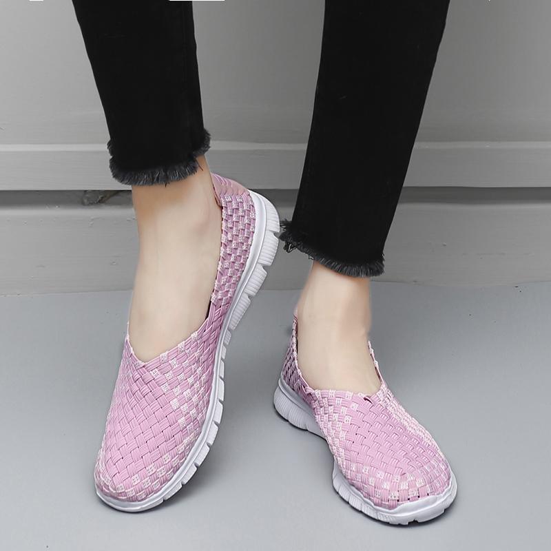 Летние мокасины, розовые пляжные прогулочные туфли, женские повседневные плетеные мягкие лоферы без шнуровки, плетеные кроссовки на плоской подошве