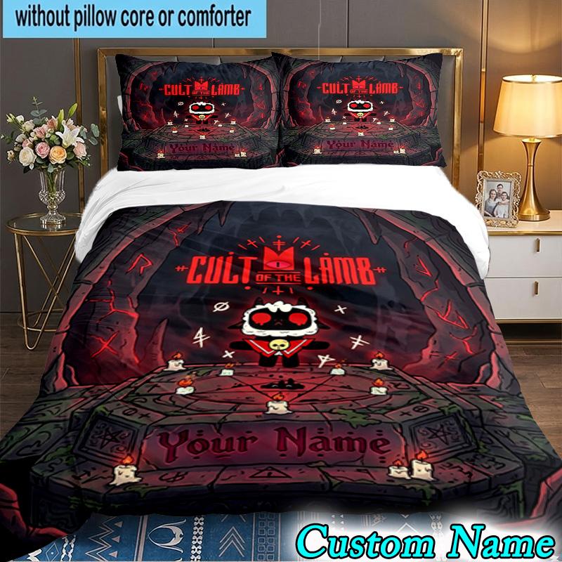 Custom Name 3PCS Cult Lamb Game Fantasy Bedding Set,Including Duvet Cover And 2pcs Pillowcases Perfect for Bedroom,Dormitory,Fan Christmas gift
