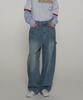 SOME PLACE Unisex Hidden String Wide Keyring Washed Balloon Denim Pants [Medium Blue]