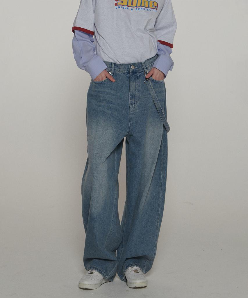 SOME PLACE Unisex Hidden String Wide Keyring Washed Balloon Denim Pants [Medium Blue]