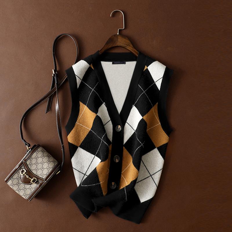 ZANZEA Женские осенние вязаные жилеты с круглым вырезом без рукавов в контрастную клетку