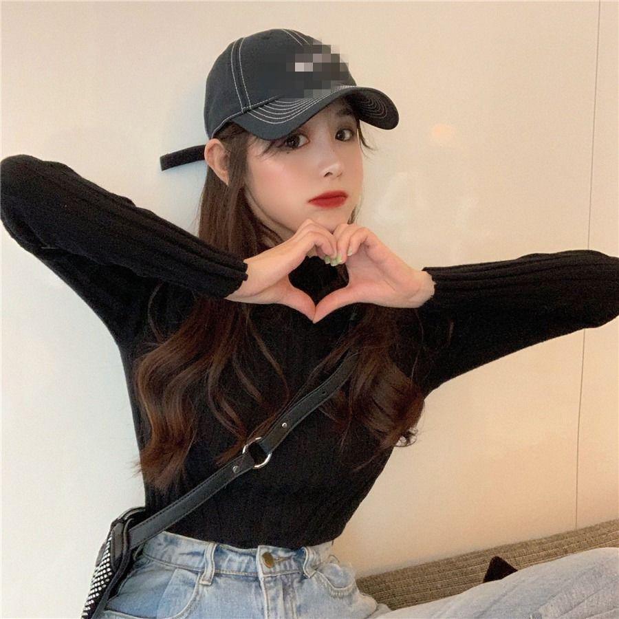 Рубашка снизу с полувысоким воротником, женская осенне-зимняя пуловер в Корейском стиле, трикотаж, узкие топы с длинными рукавами